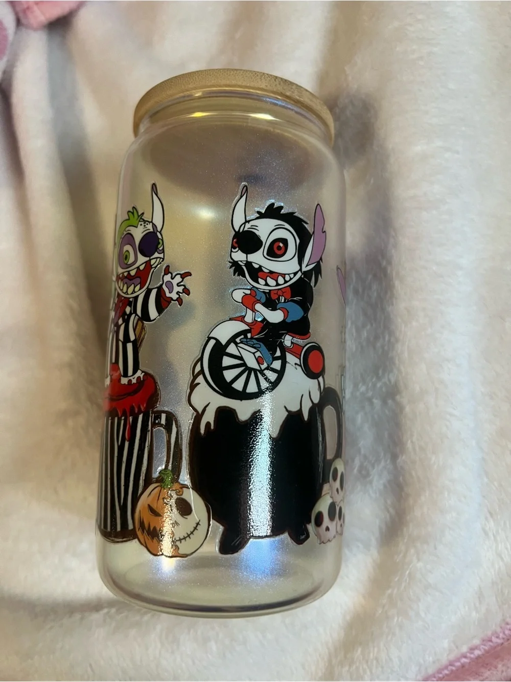 Halloween Horror Stitch Themed Decorative Glass Canister with Straw Top